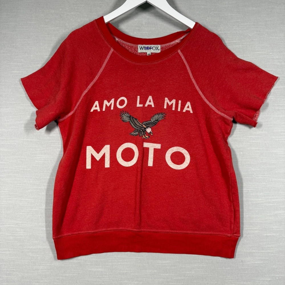 Wildfox Sweatshirt Womens XS Red Amo La Mia Moto Cut‎ Off Jersey Bald Eagle USA